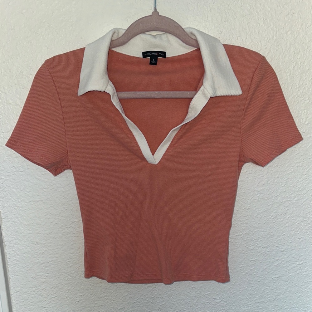 Peach/Salmon and White Polo Crop Top